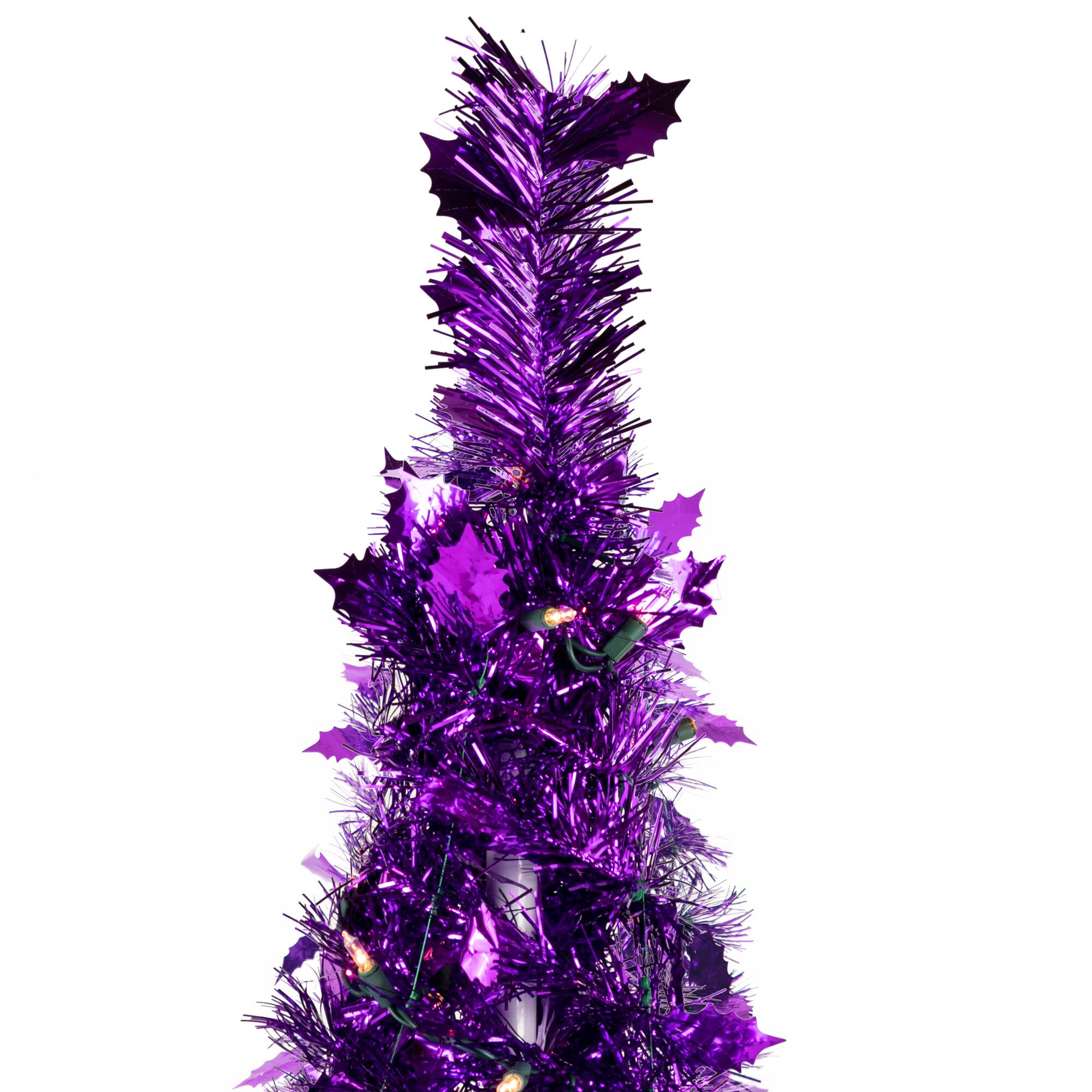 6ft. Pre-Lit Purple Tinsel Pop-Up Artificial Christmas Tree, Clear Lights